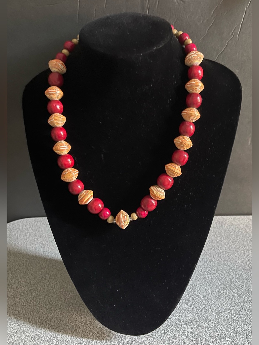 Handcrafted Red and Tan Wooden Beaded Necklace